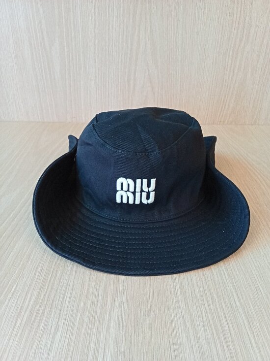 Miu Miu Black and White Embroidered Wide Brim Drill Hat main image 4